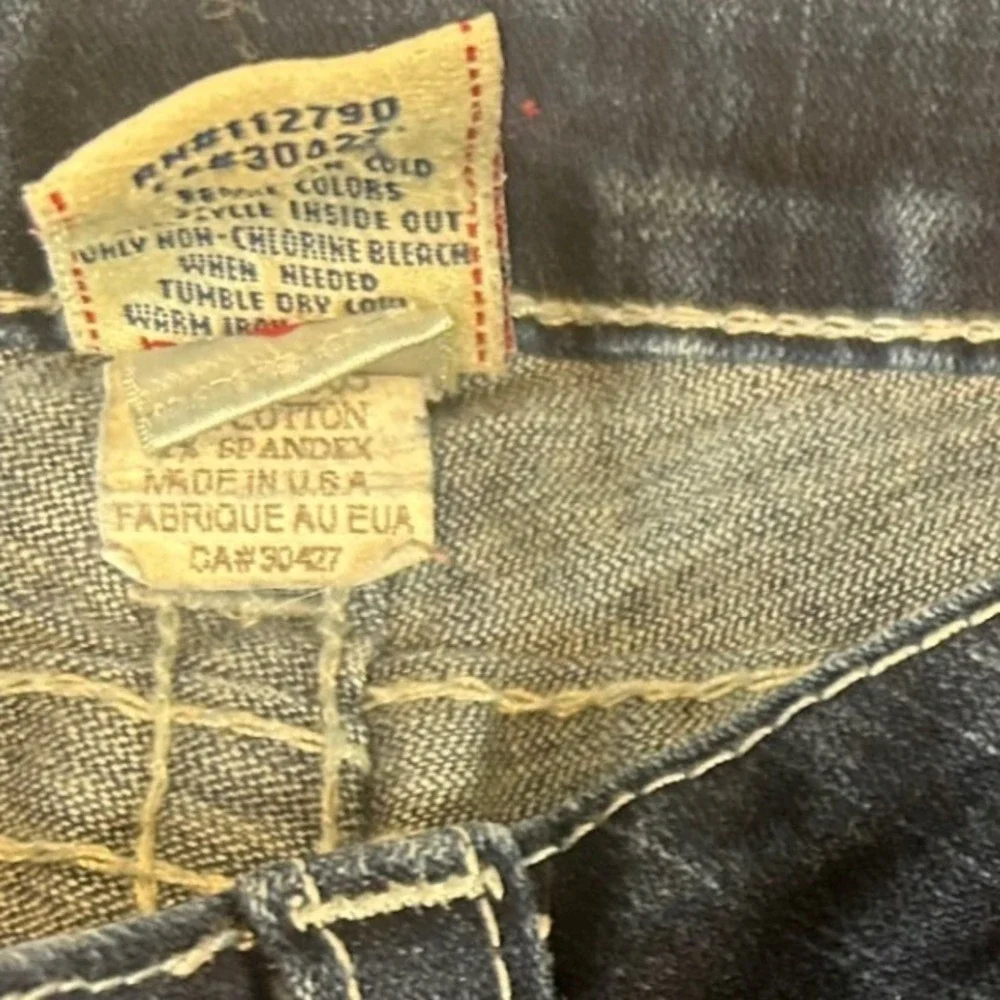 True Religion Mens Slim Straight Indigo Jeans Pearl Buttons White Stitch Size 28